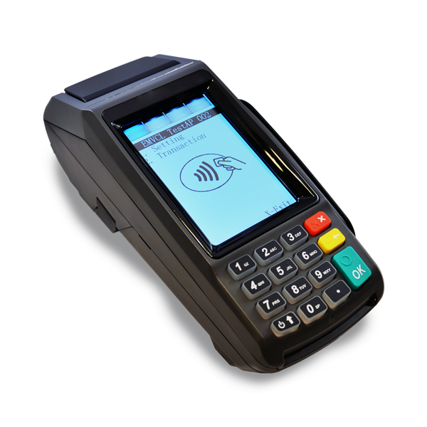 Credit card terminal displaying near field technology logo.