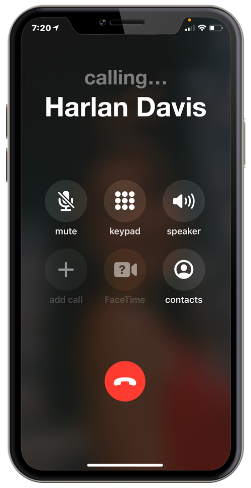 iPhone X displaying phone call screen calling Harlan Davis.